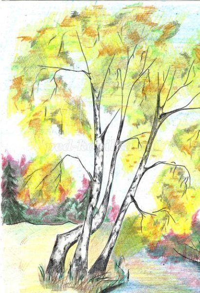 Осенний пейзаж цветными карандашами