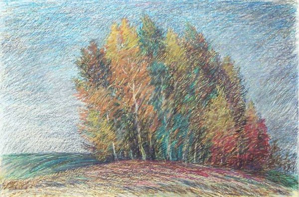 Пейзаж осени цветными карандашами