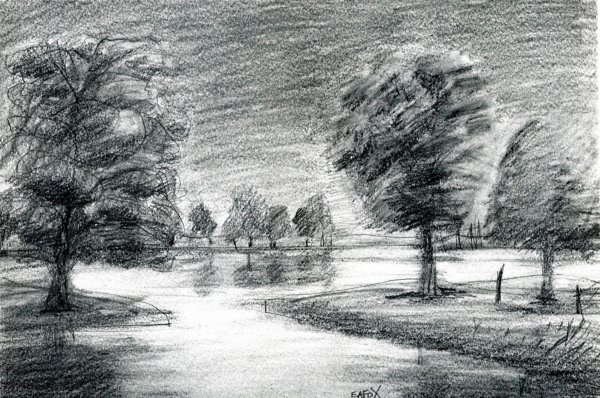 Деревенский пейзаж углем