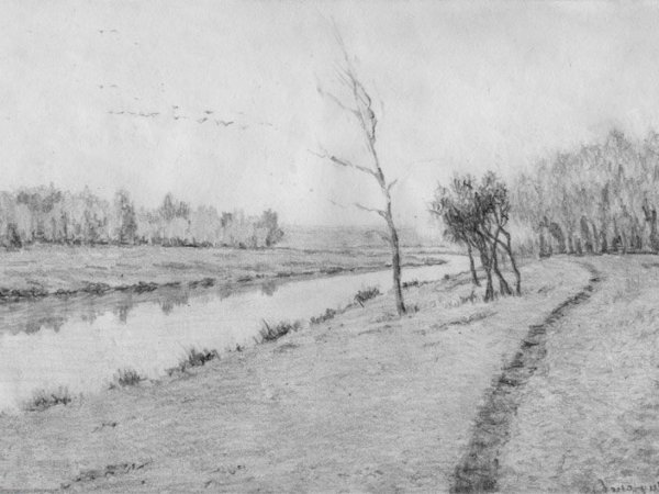 Пейзаж России карандашом