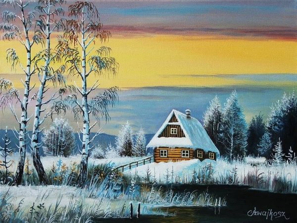 Сельский пейзаж гуашью