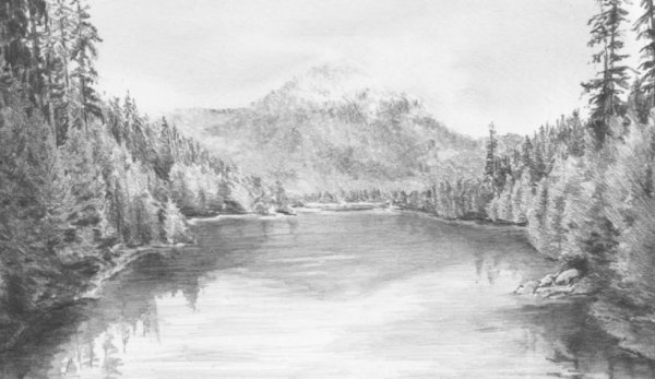 Пейзаж речки карандашом