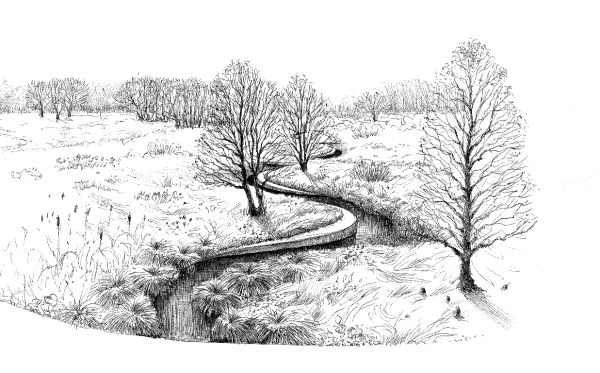 Пейзаж с дорогой в графике