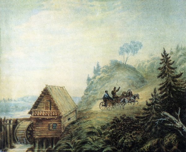 Лермонтова – «пейзаж с мельницей и скачущей тройкой (1835-1836);