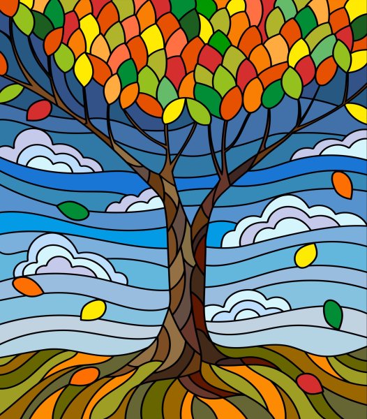 Стилизованное осеннее дерево витраж