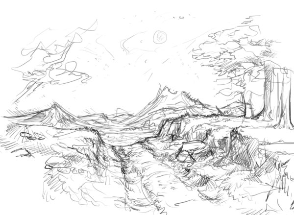 Фэнтези пейзаж карандашом