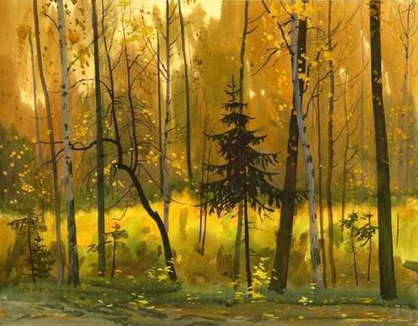 Лес Поляна осень акварель