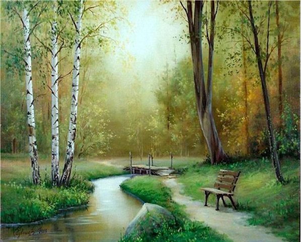 Пейзаж с деревьями акварелью