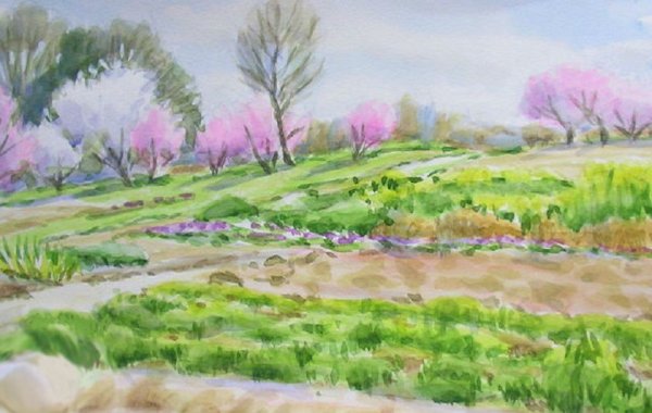 Весенний пейзаж акварелью для детей