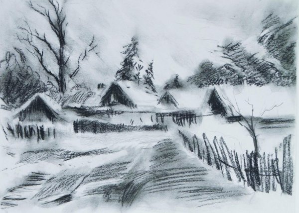 Зимний пейзаж карандашом