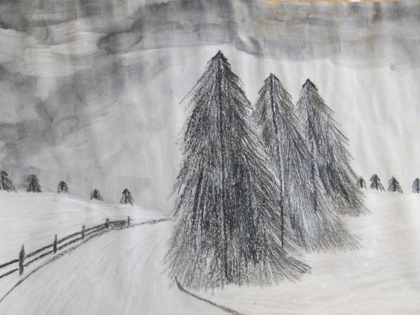 Зимний пейзаж углем