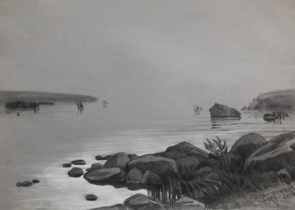 Пейзаж с деревьями карандашом