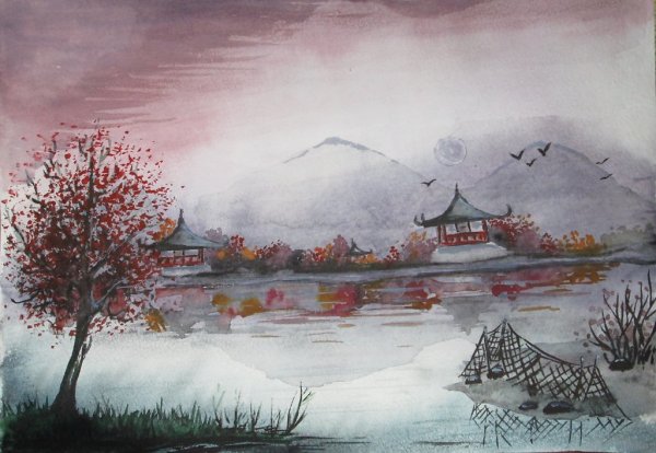 Китай пагода пейзаж акварель