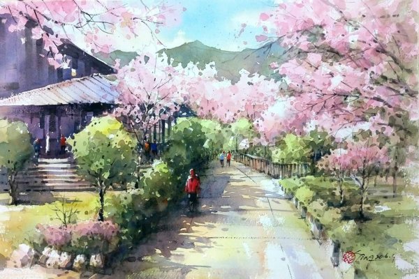 Пейзаж Япония акварель