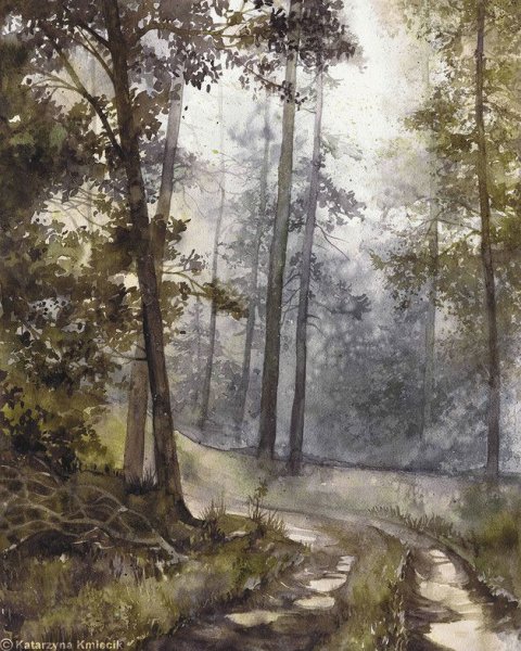 Утро в лесу акварель