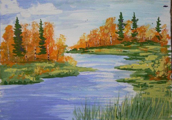 Пейзаж осени цветными карандашами