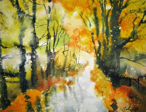 Осень по мокрому акварелью