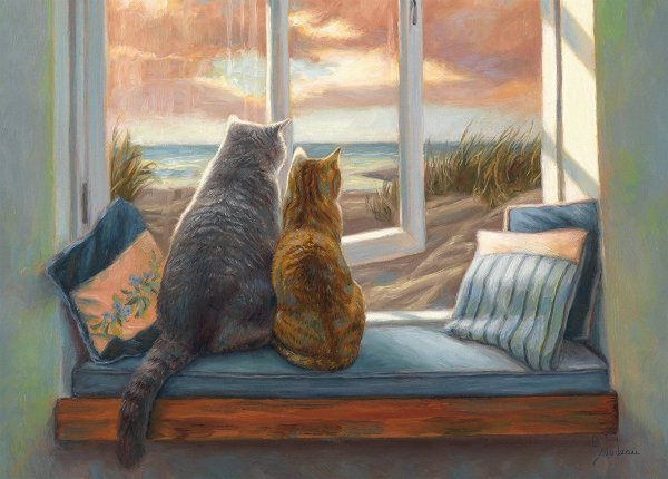 Кот на подоконнике живопись