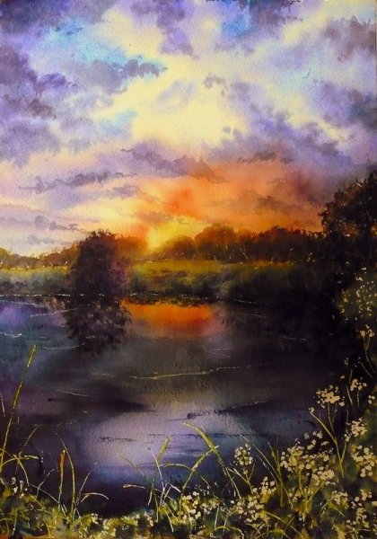 Августовский пейзаж акварелью