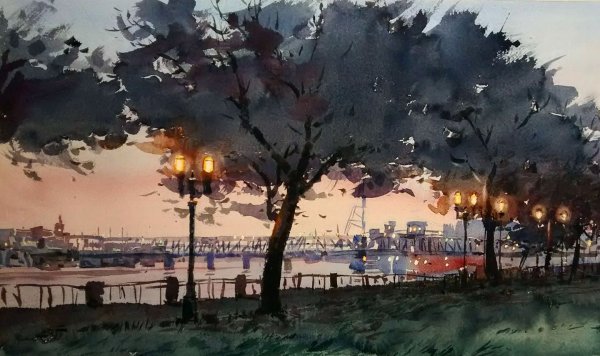 Ночной город акварелью