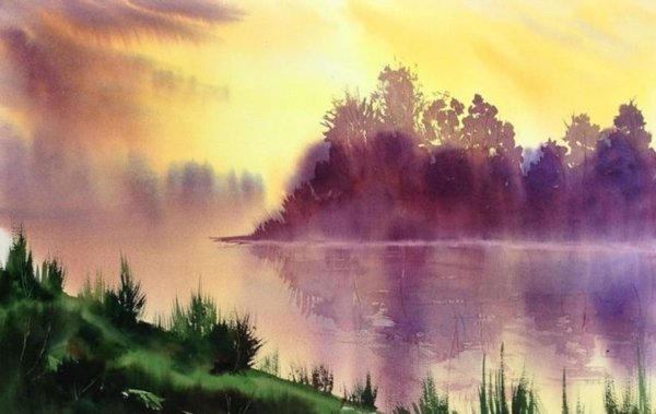 Вечерний пейзаж акварелью