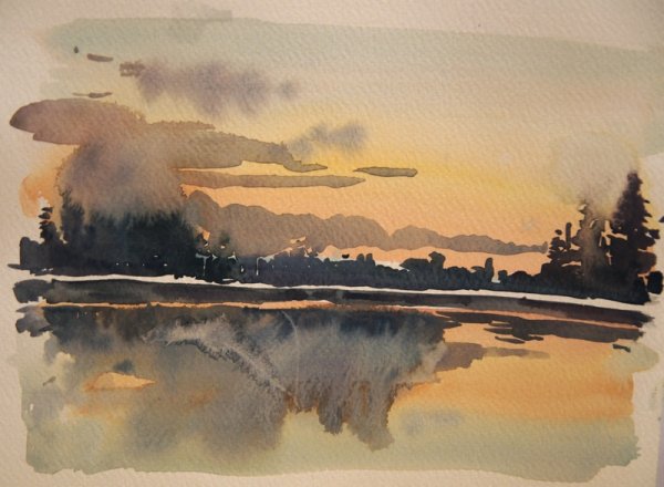 Акварельный пейзаж закат