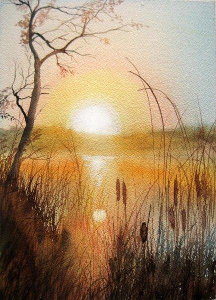 Пейзаж акварелью закат