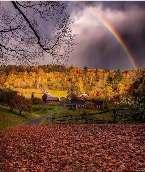 Радуга в деревне осенью