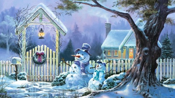 Зимний домик со снеговиком