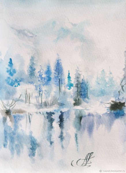 Заснеженный пейзаж акварелью