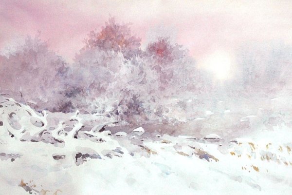 Зимний пейзаж акварелью розовый