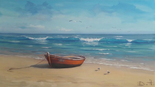 Лодка в море маслом