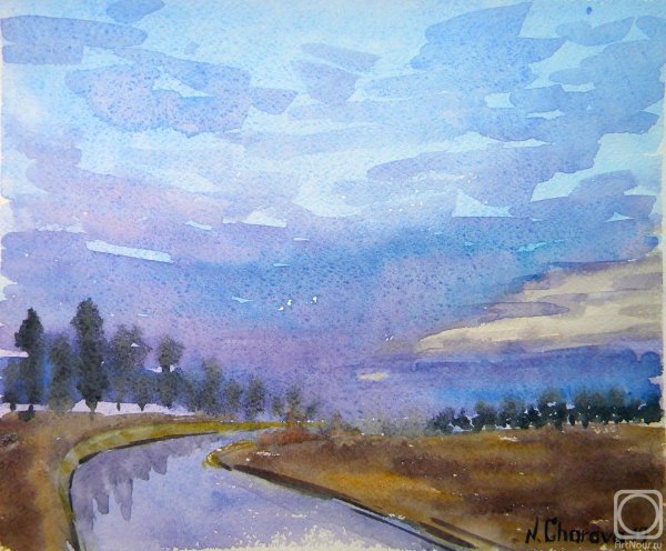 Пейзаж акварелью вечер