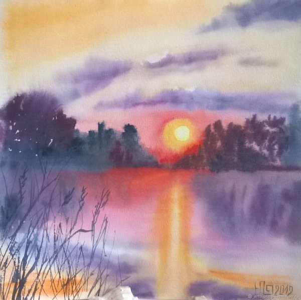 Ночной городской пейзаж акварелью