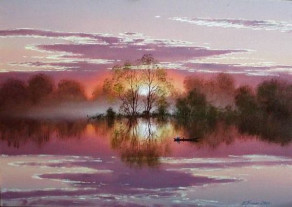 Вечерний пейзаж акварелью