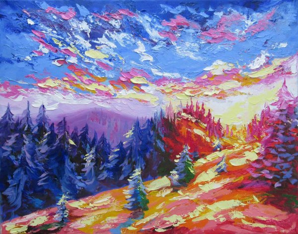 Рисование мазками гуашью горы