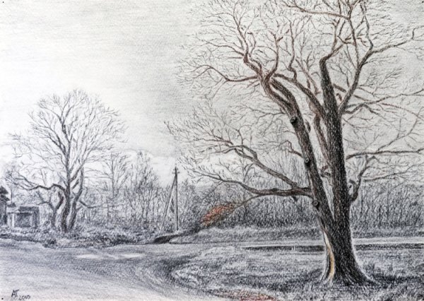 Пейзаж осени цветными карандашами