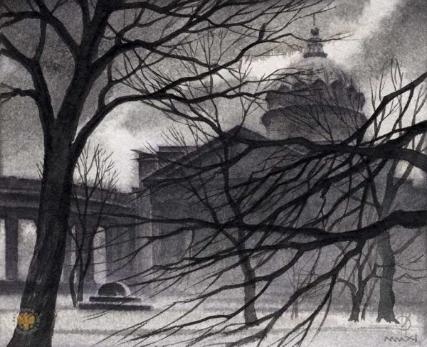 Зимний пейзаж в стиле гризайль