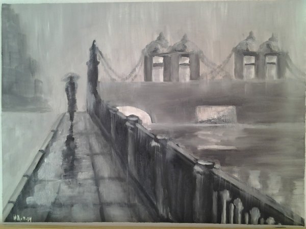 Монохромный пейзаж акварелью