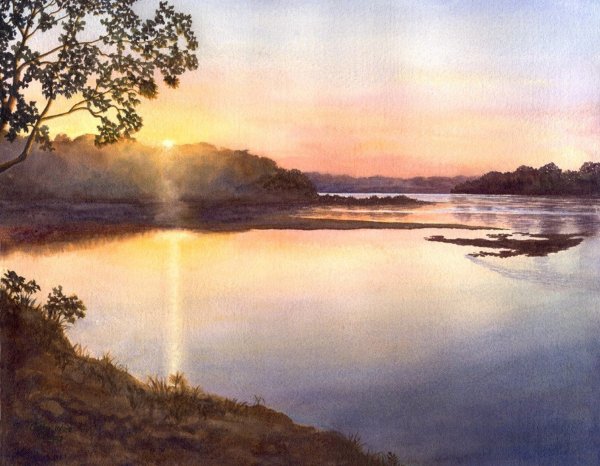 Речной пейзаж акварелью