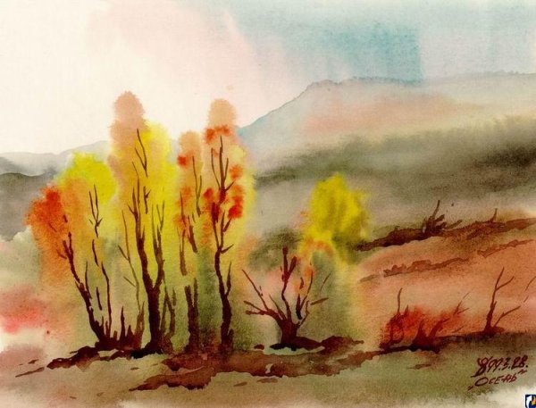 Рисование осеннего пейзажа акварелью