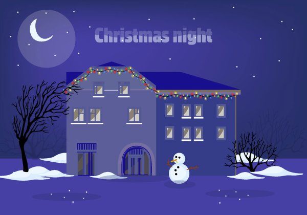 Пейзаж в рождественскую ночь вектор