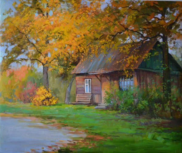 Пейзаж с домиком маслом