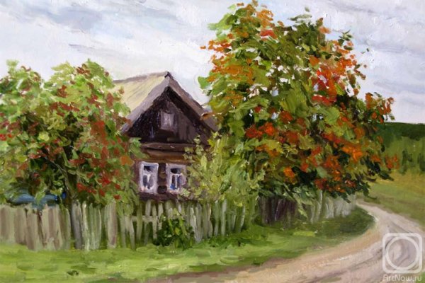 Деревенский дом осенью живопись