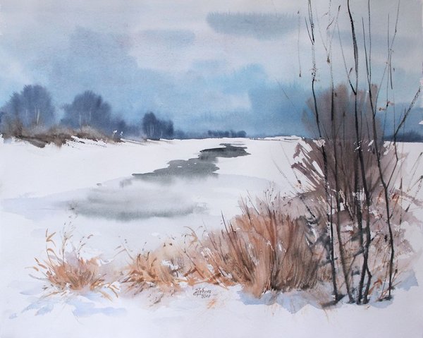 Екатерина Губина акварель зимний пейзаж