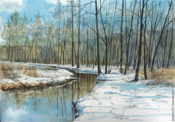 Весна река акварель