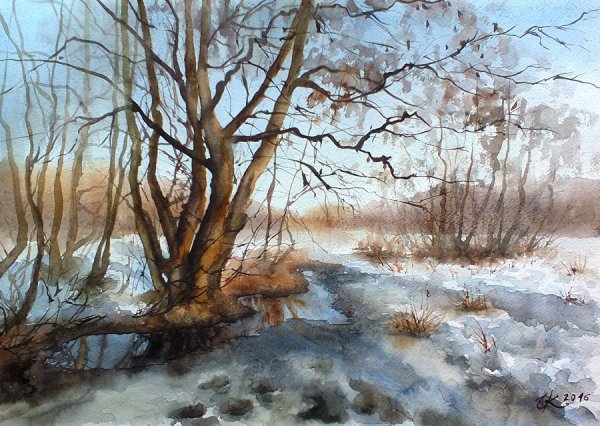 Весенний пейзаж акварелью