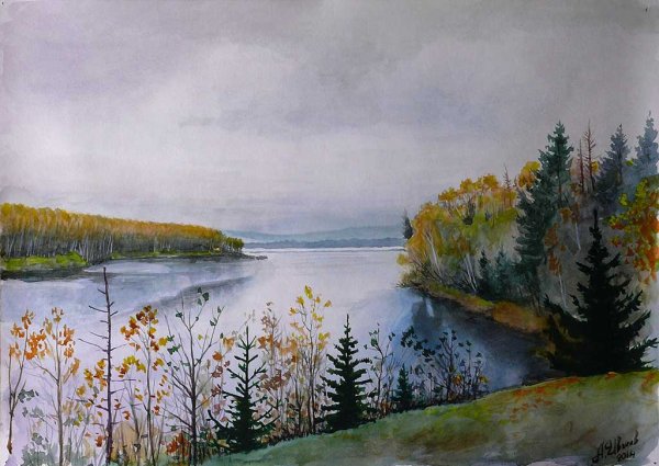 Осень река акварель