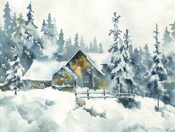 Рисование елочки акварелью