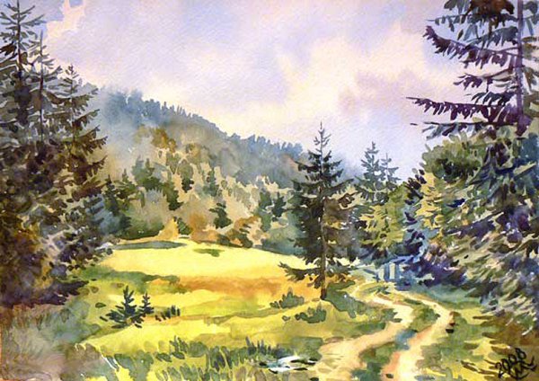 Ночной зимний пейзаж акварелью